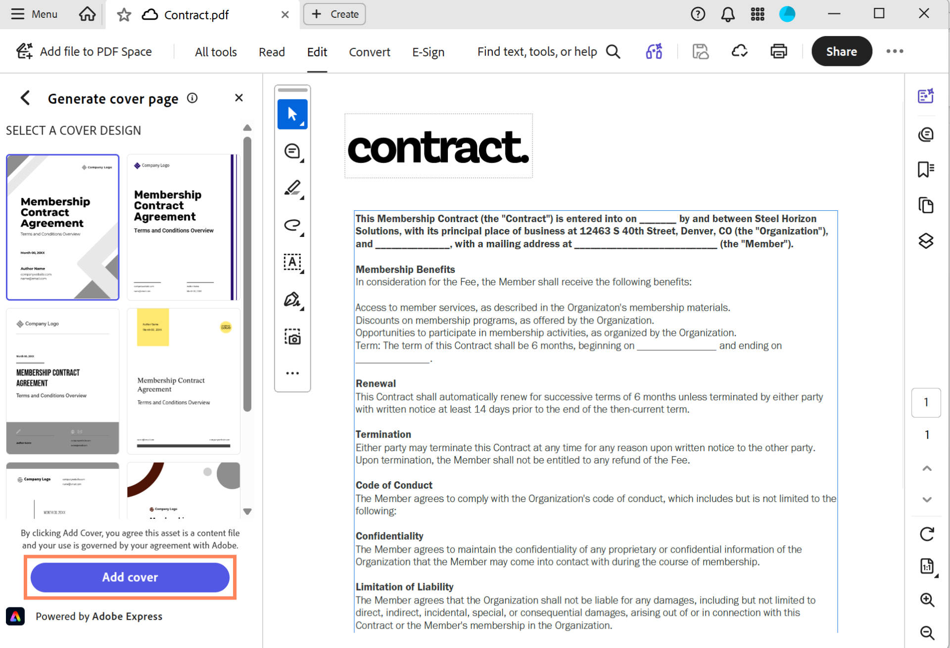 Generate cover page panel in Acrobat showing multiple cover design options and the Add cover button, with the selected design previewed in the document.
