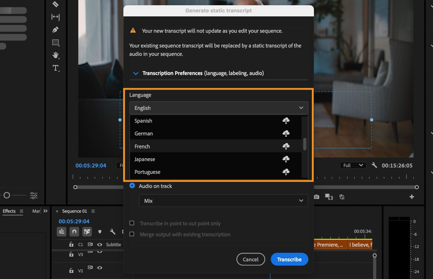 Generate static transcript dialog box is open with the Language dropdown menu selected. There are multiple languages listed with the options to download them.