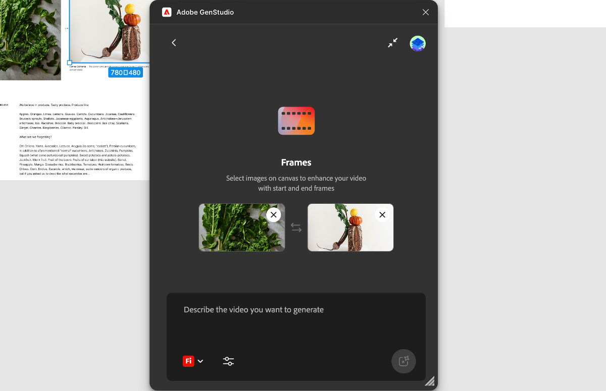 Generate video panel displyas First and Last frames added to the Frames section.