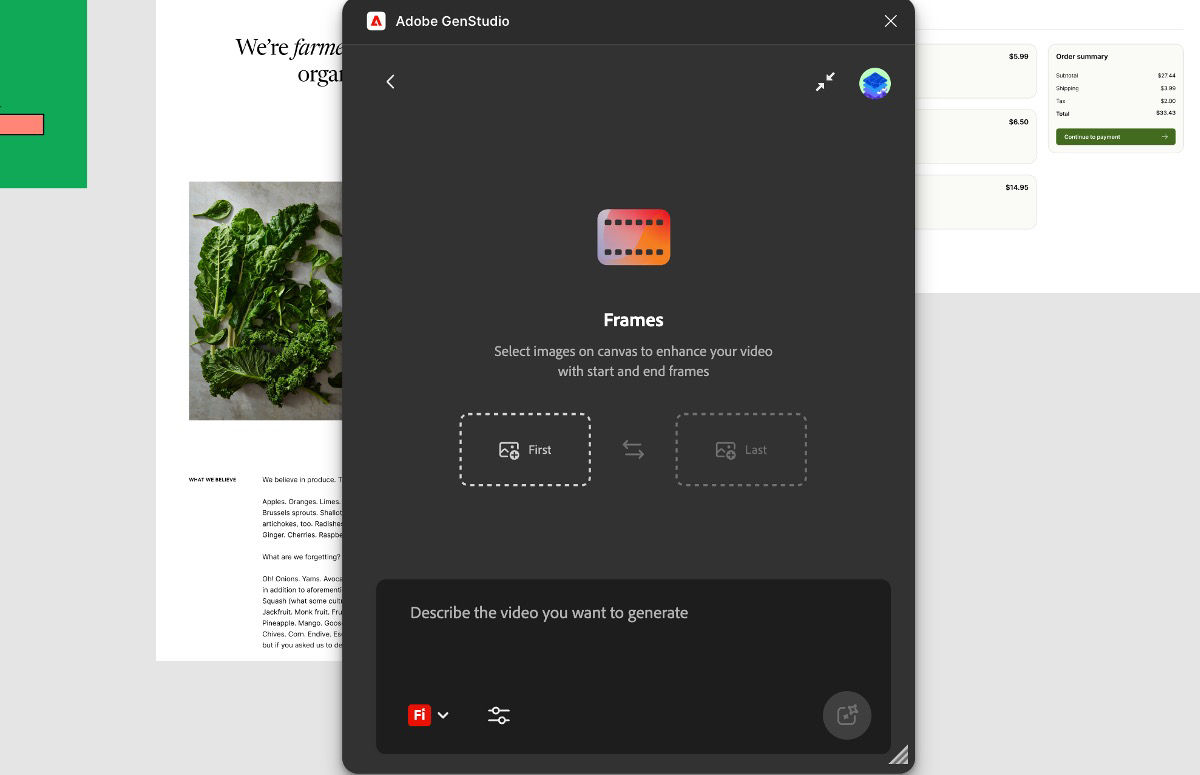 Generate video panel displays Frame selection of first and last frames and a prompt box.