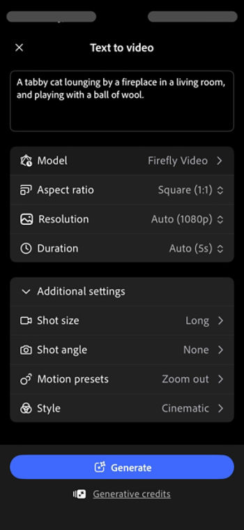 Text to video screen on Firefly iOS displays a prompt box, Model, Aspect ratio, and other menu items, and a Generate button.