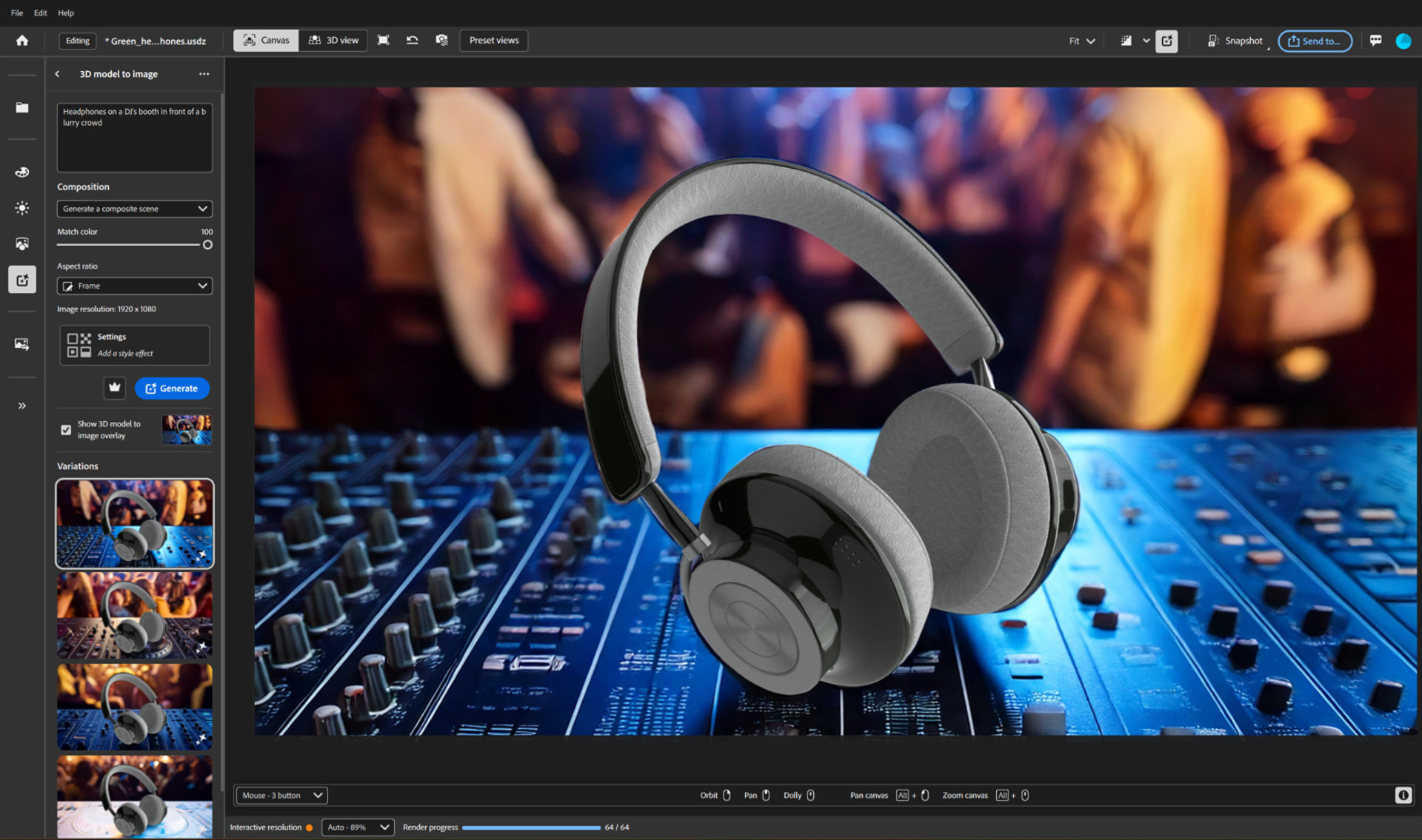 Compositing a 3D model of a pair of headphones into a Firefly generated context: Prompt: “Headphones in a library”