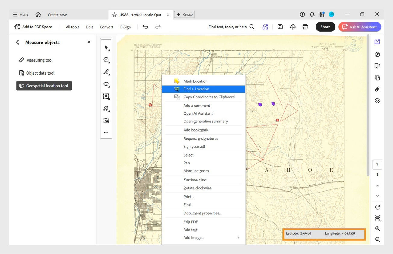 Geospatial PDF in Acrobat showing a map and latitude and longitude fields at the lower-right corner of the screen.