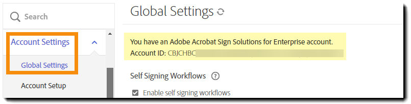 Global Settings page in the admin menu highlighting the account ID