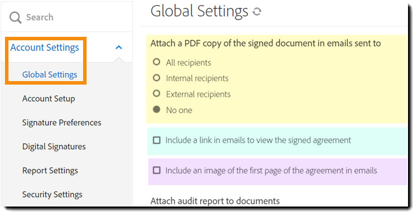 Global Settings in the admin menu highlighting the controls to attach a PDF and display image and link on emails.