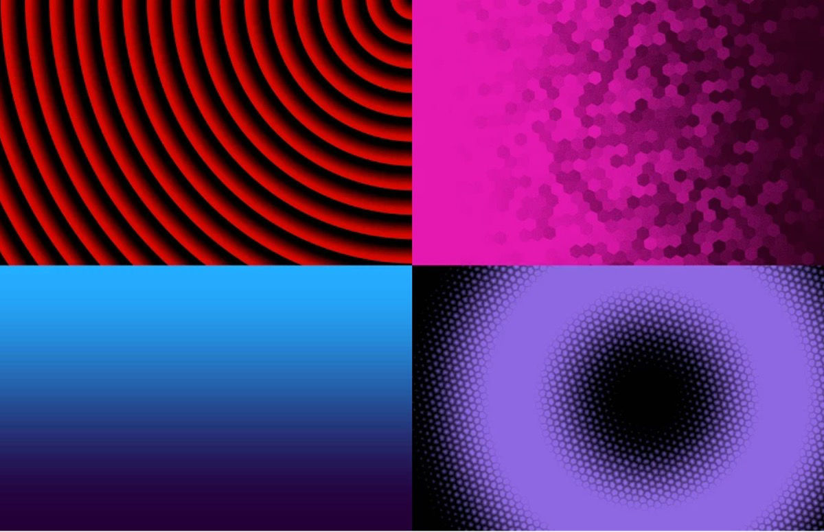 Four gradient examples showing linear and radial styles with textures, patterns, and color blends.