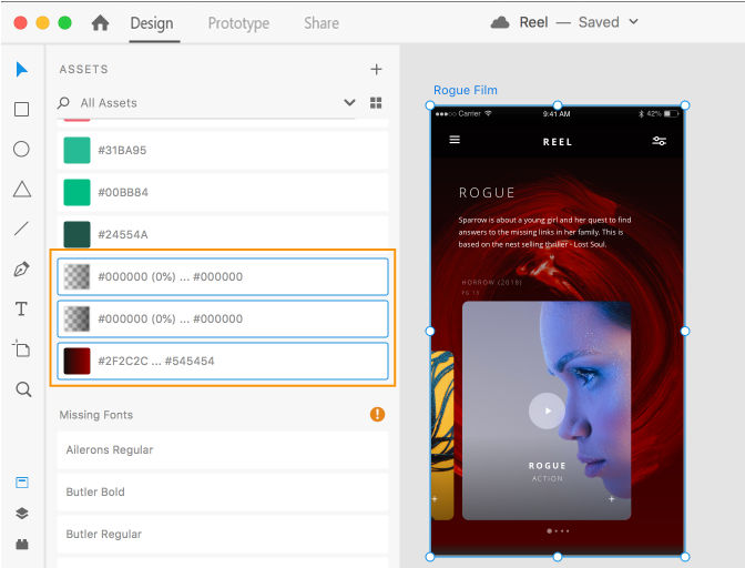 Gradients saved in the Assets panel