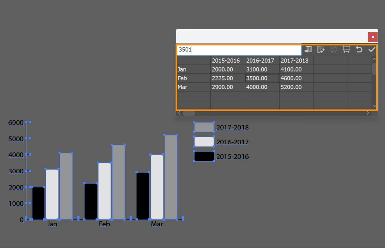 Graph in Adobe Illustrator with the Graph Data window open, showing numerical values entered into cells.
