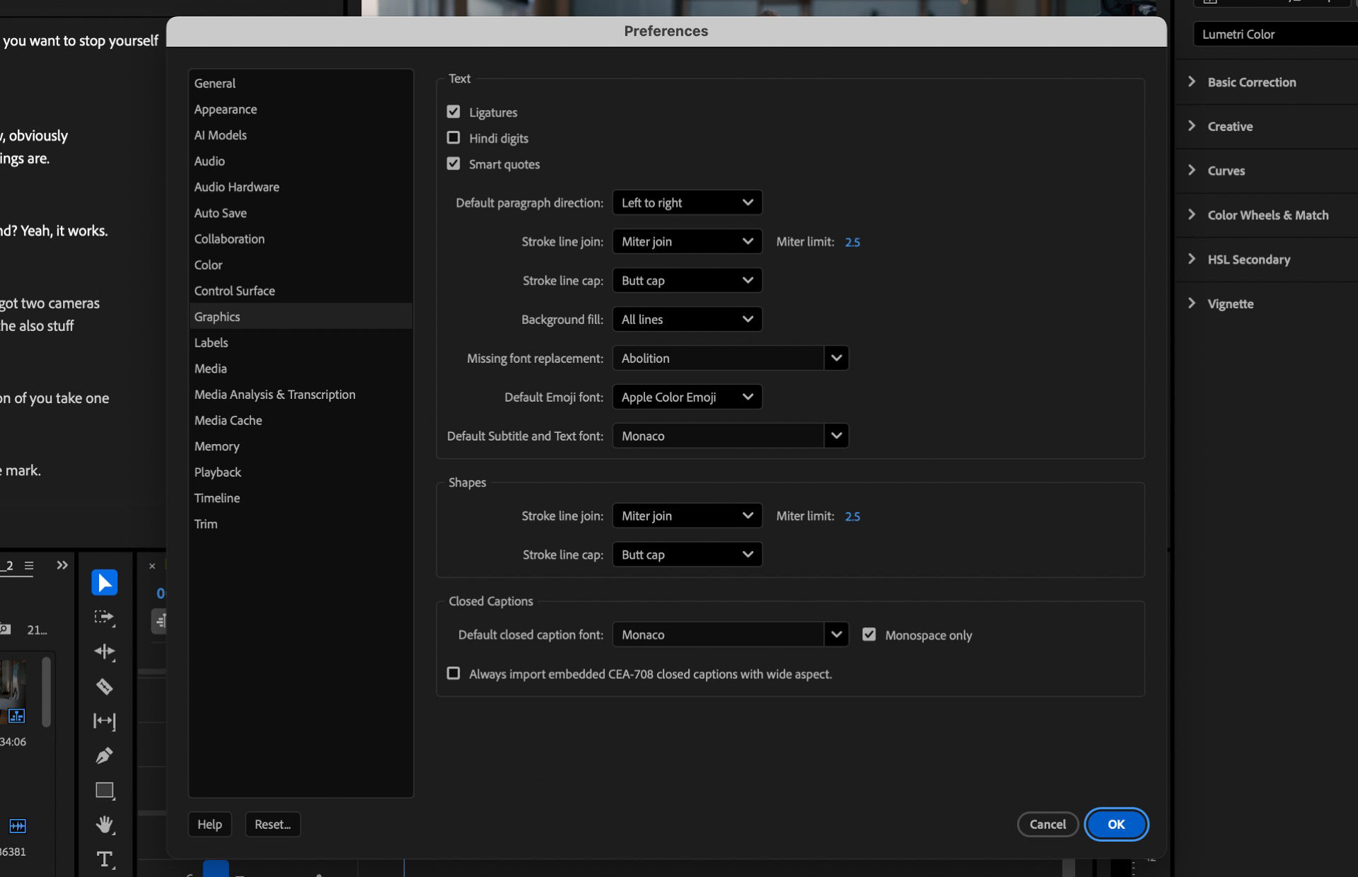 Preferences panel showing Graphics settings for default emoji, subtitle, and closed caption fonts, and a checkbox to enable wide aspect ratio for CEA-708 captions.