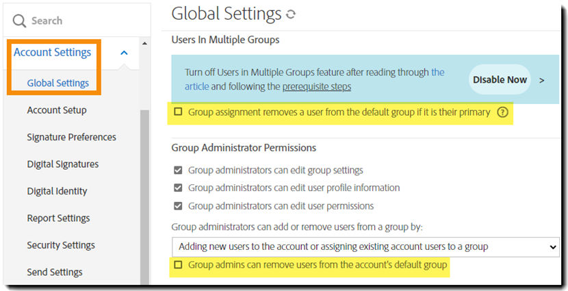 Group admin settings for removing users form the default group.