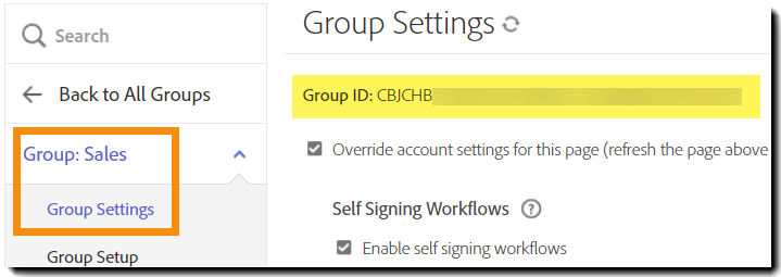 The Group Settings tab highlighting the Group ID