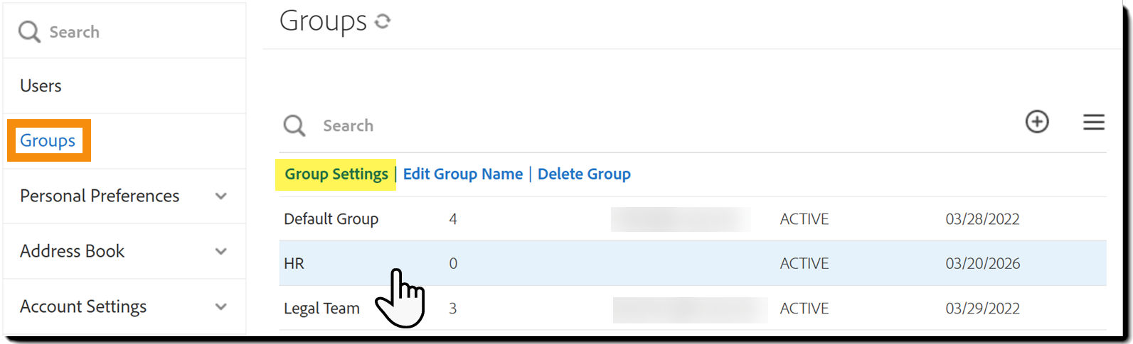 The Groups tab with a selected group exposing the action links. 
