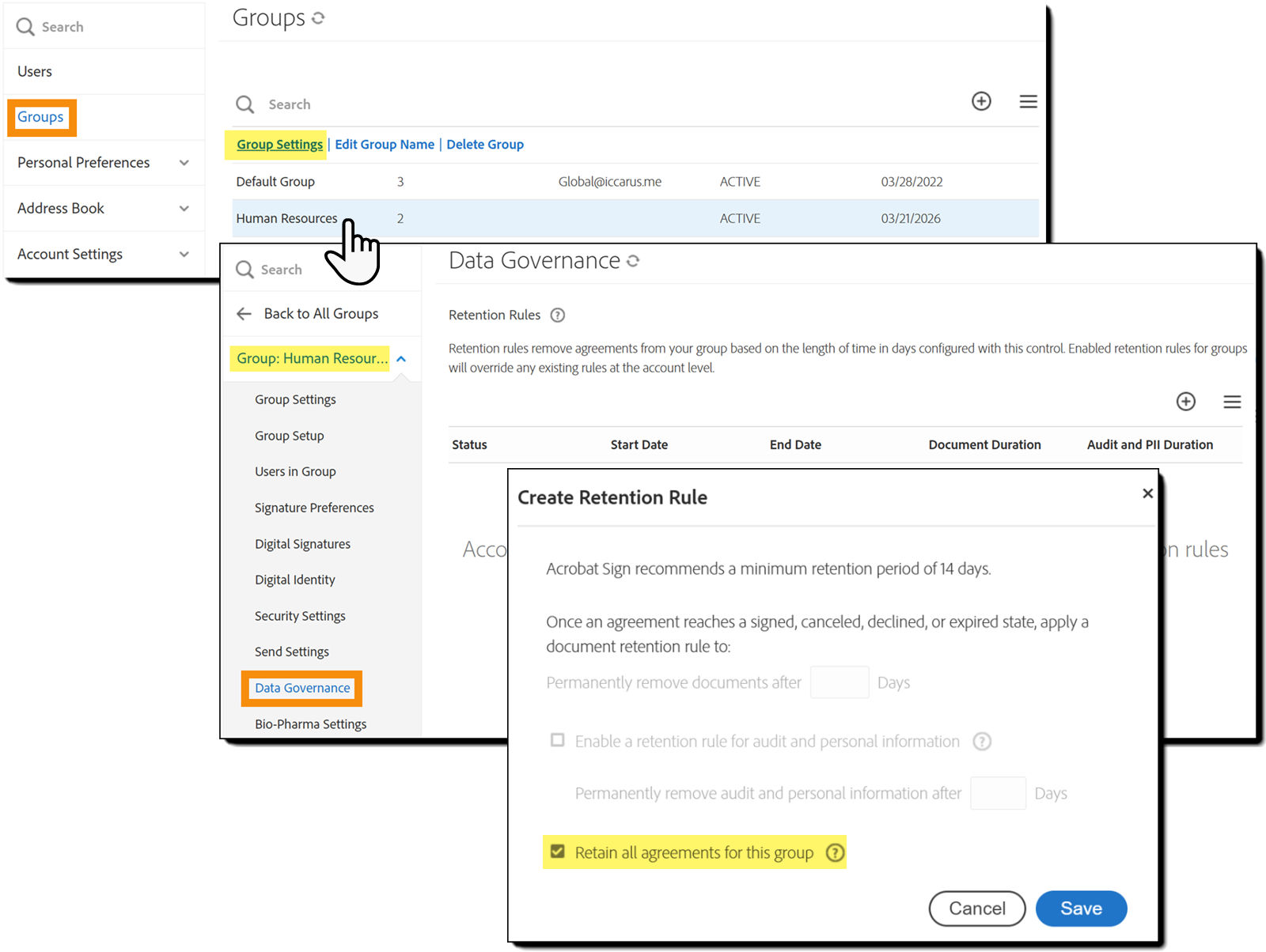 The Admin menu showing the Data Governance tab at the group level
