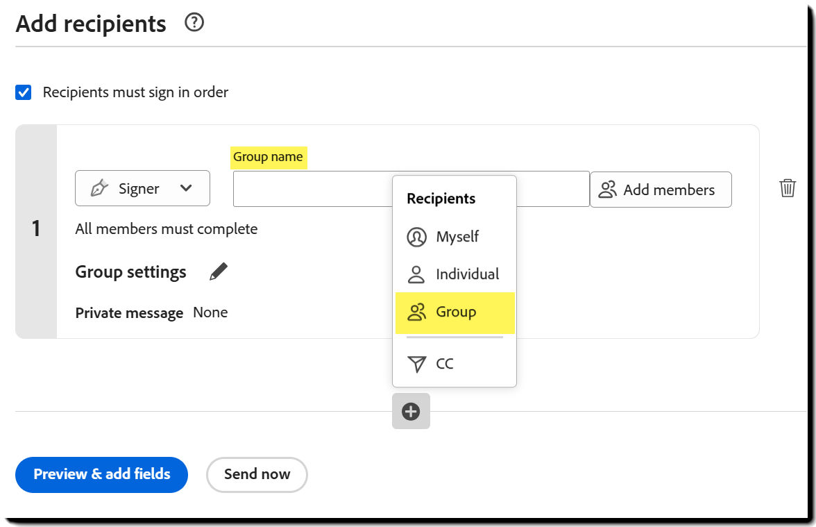 The Send page highlighting the Add Recipient Groups link and displaying the ad-hoc recipient group input fields