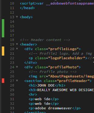 La marca del medianil indica cambios en el código en Dreamweaver