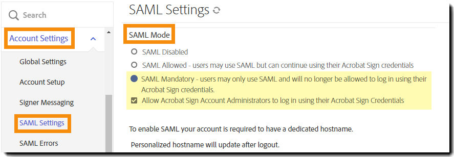 SAML Settings in the Admin menu highlighting the SAML Mode configuration