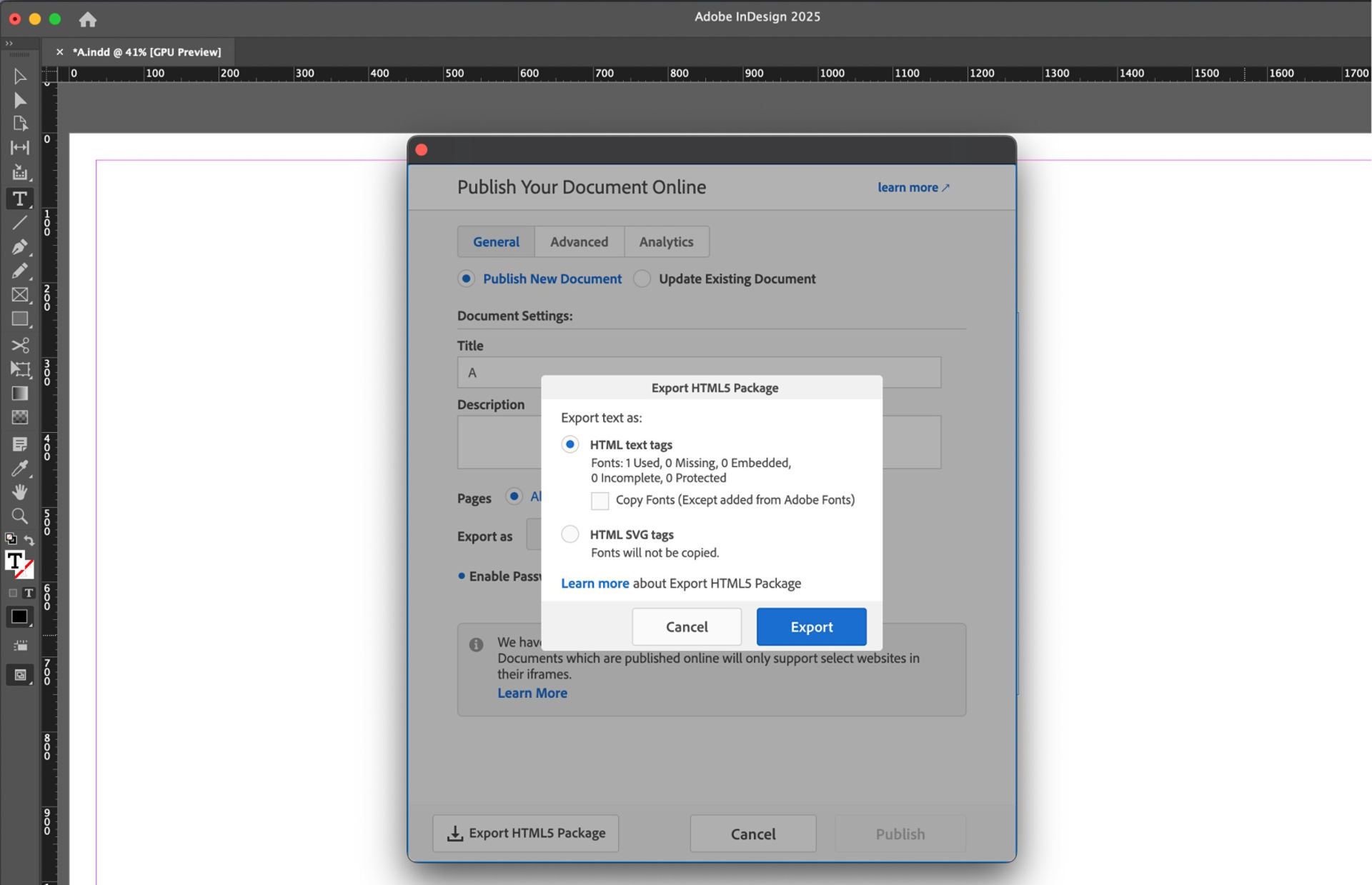 Export HTML5 package dialog