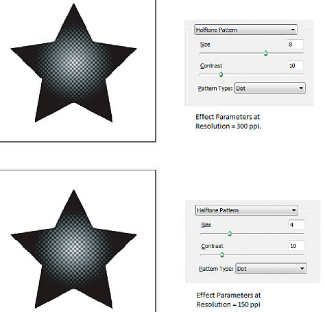 Halftone Pattern effect before and after the resolution value changes from 300 ppi to 150 ppi
