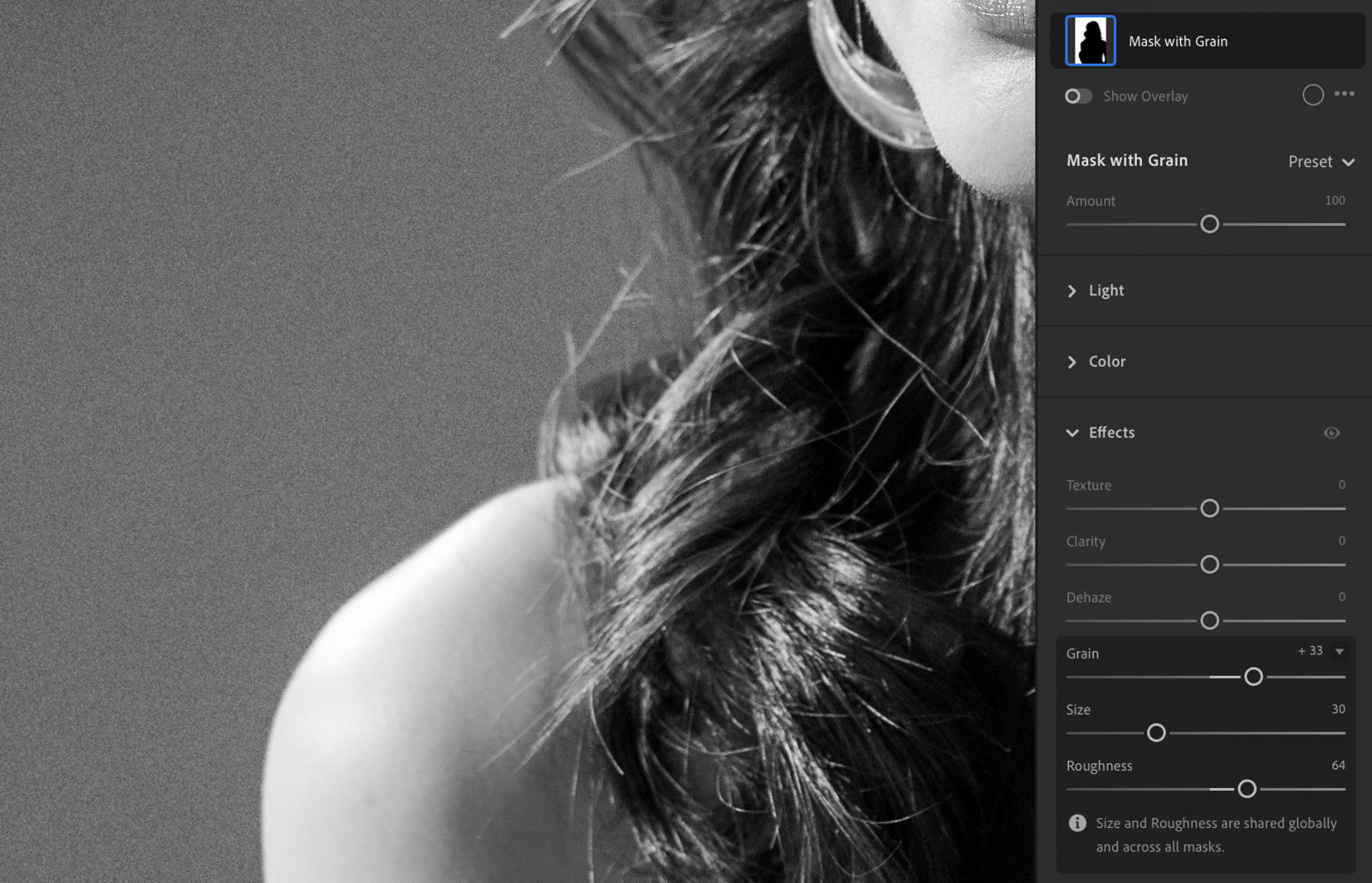 Grain slider in the Effects panel.