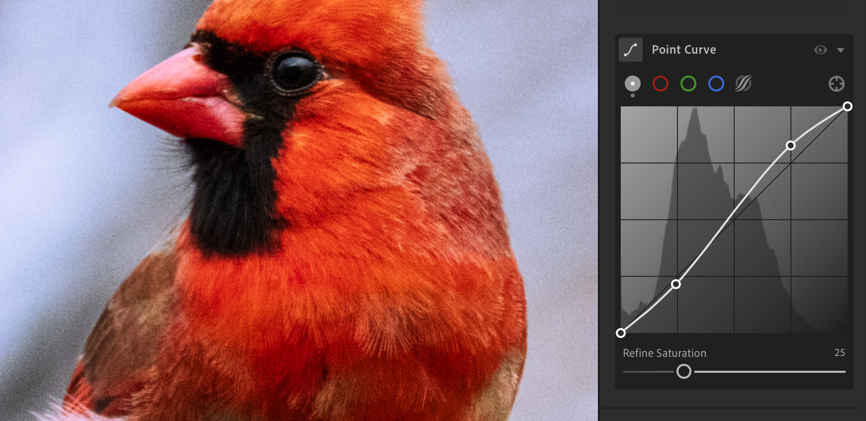 Refine Saturation slider set at 100 (by default) in Point Curve. 