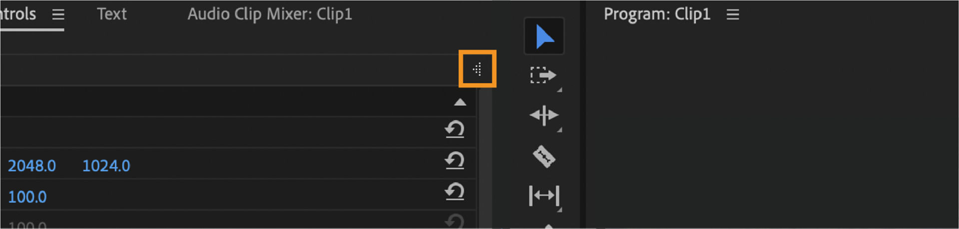 The Show/Hide Timeline View icon selected to expand the panel with a view of the timeline in the Effects Control panel.