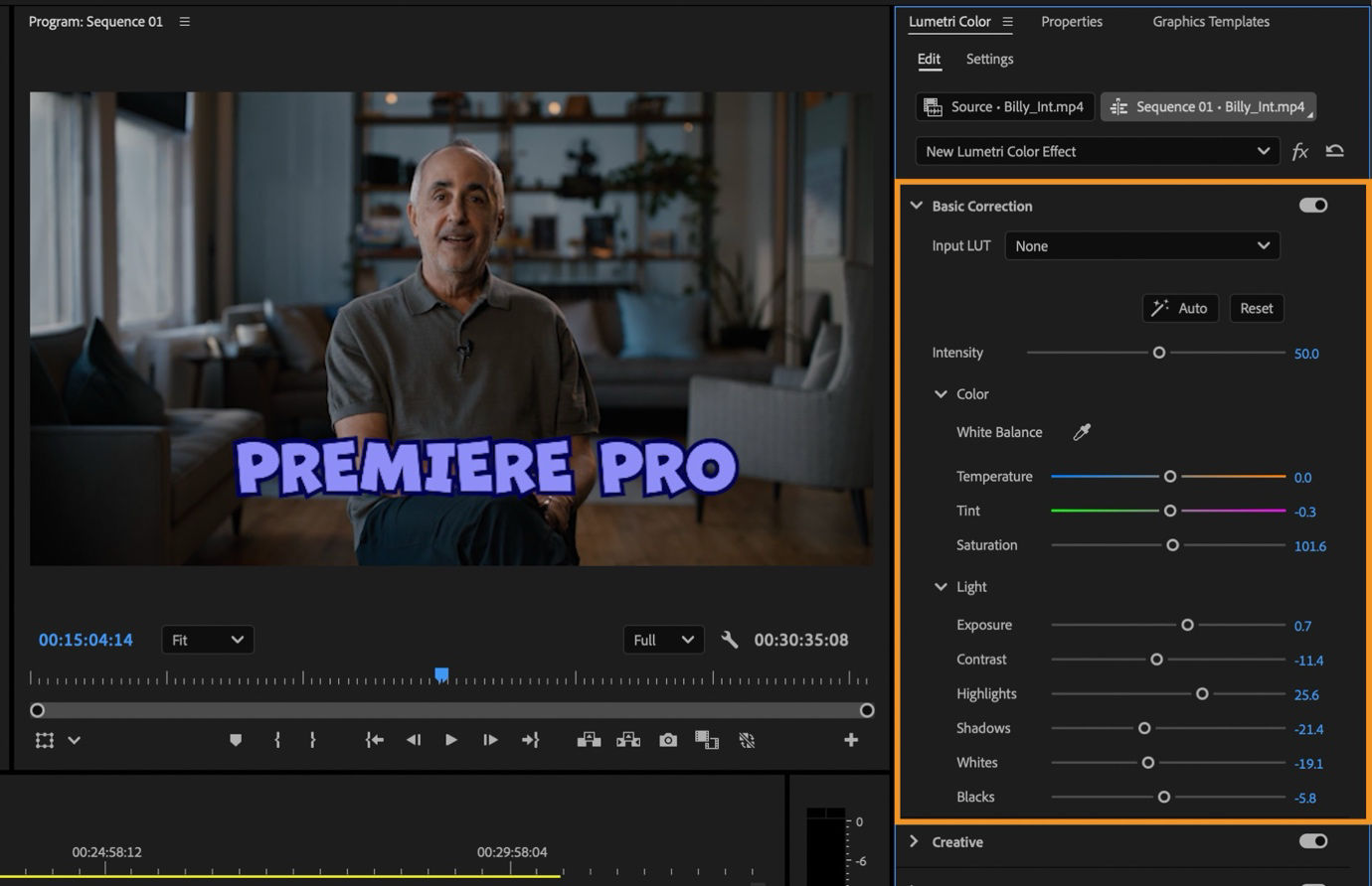 Highlighted Basic Correction section in the Lumetri Color panel showing sliders for temperature, tint, saturation, exposure, contrast, and other light and color adjustments.