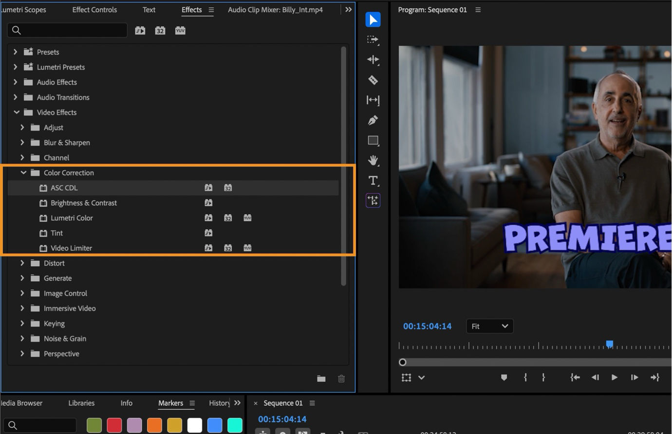 Highlighted Color Correction category in the Effects panel showing available color effects including ASC CDL, Brightness & Contrast, Lumetri Color, Tint, and Video Limiter.