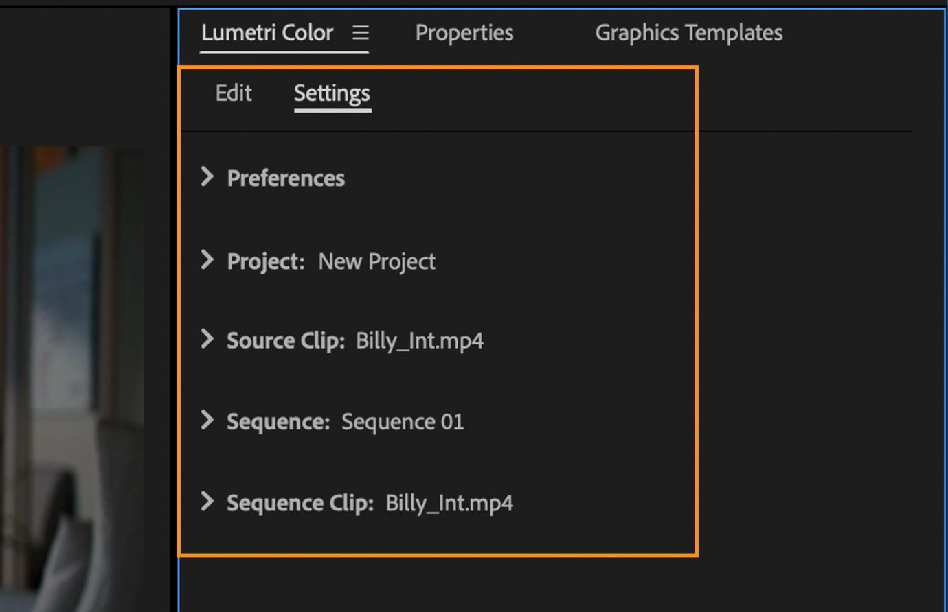 Highlighted Settings tab in Premiere Pro’s Lumetri Color panel showing project, source clip, sequence, and sequence clip details used for managing color adjustments.