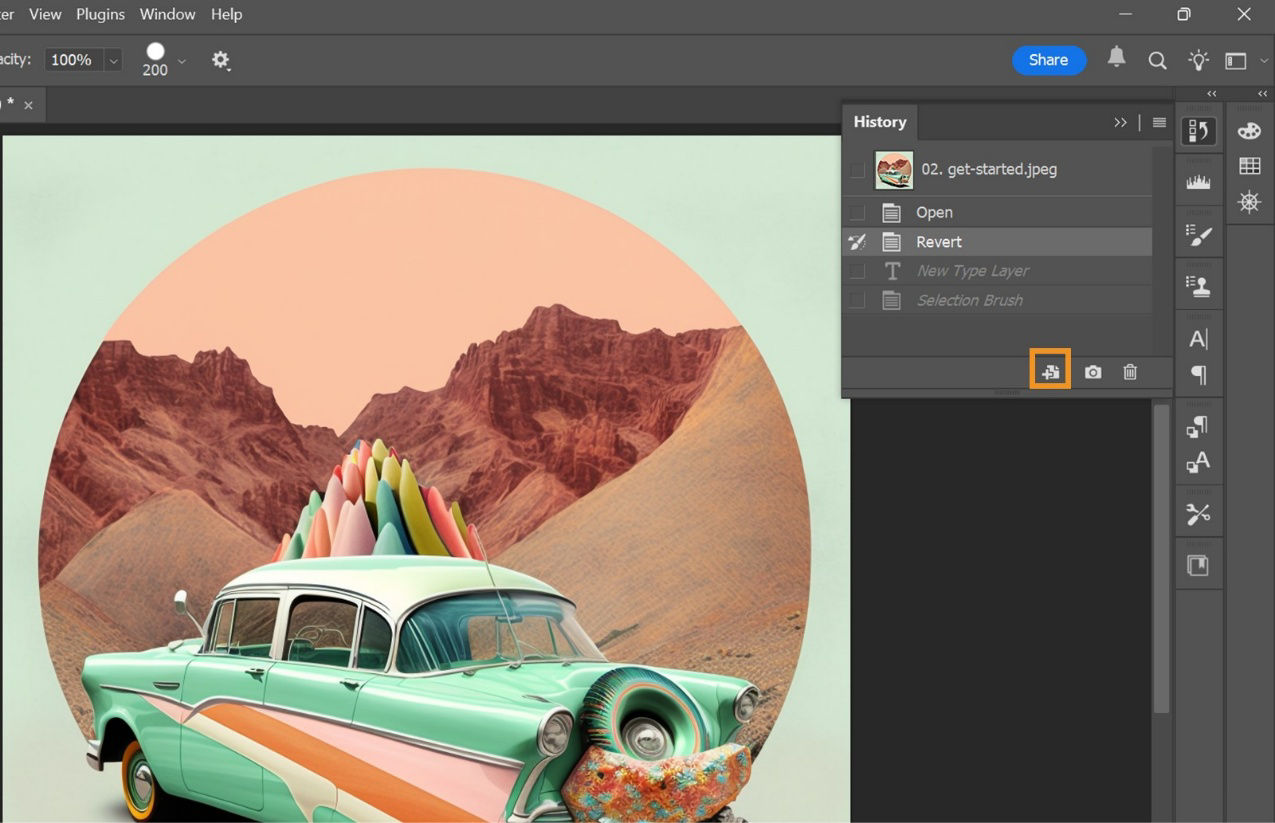 History panel in Photoshop showing multiple image states, with options to revert, delete, or create a new document from a selected state.