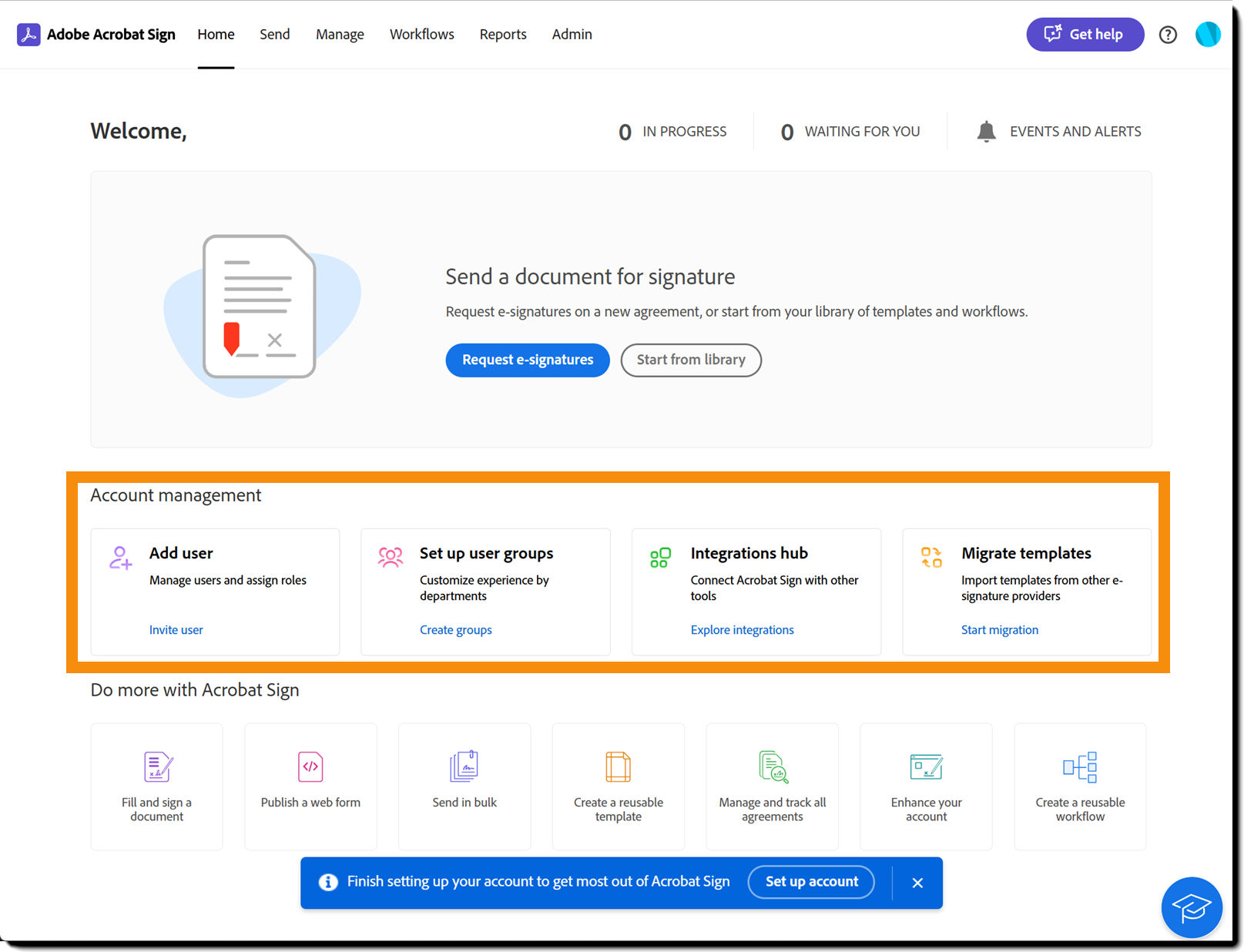 The Home page with the Acocunt Management section added