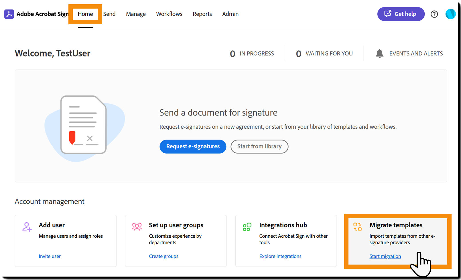 The Home page highlighting the Migrate templates tile.