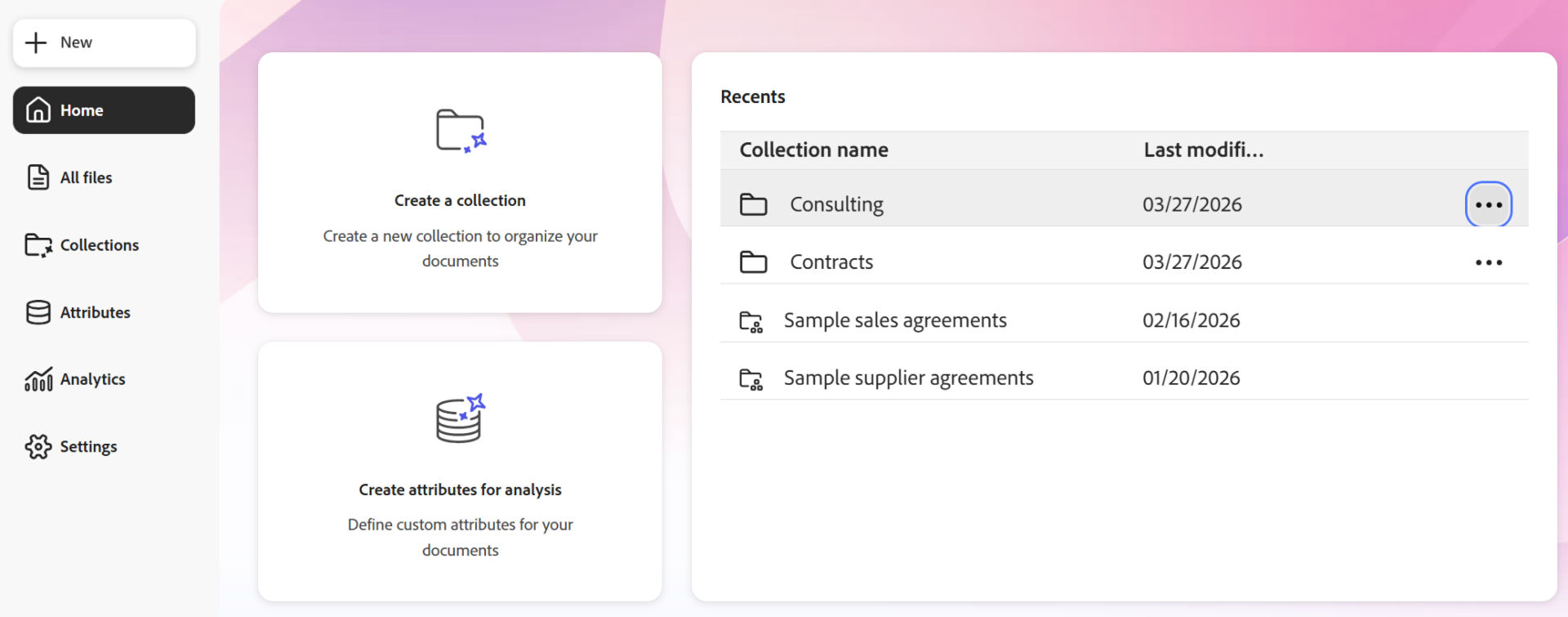 Analyzer Home page showing the primary navigation and main Home page options.
