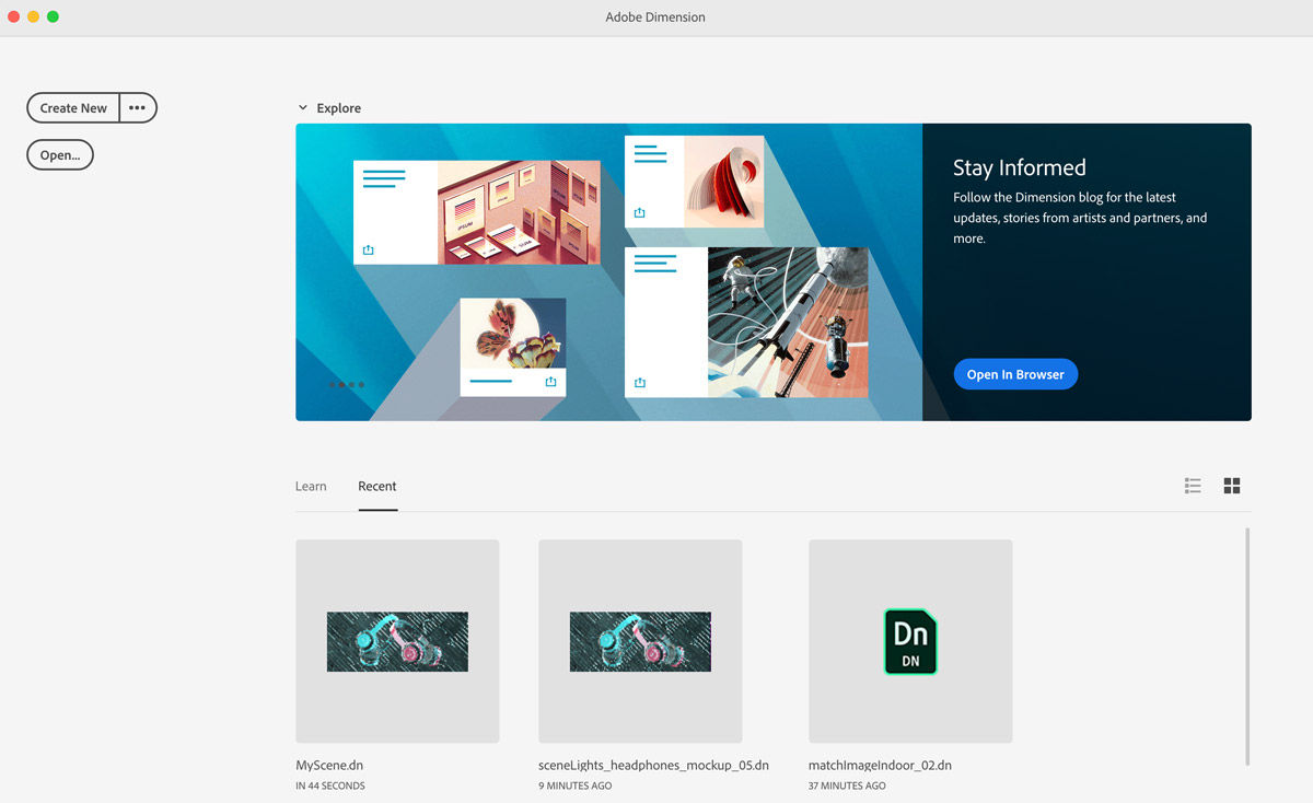 The home screen in Dimension.