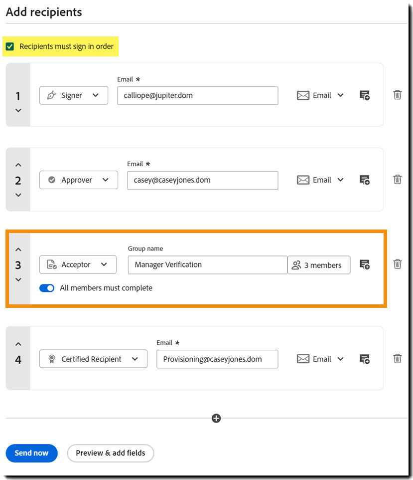 The Request Signature recipients displaying a hybrid signature flow