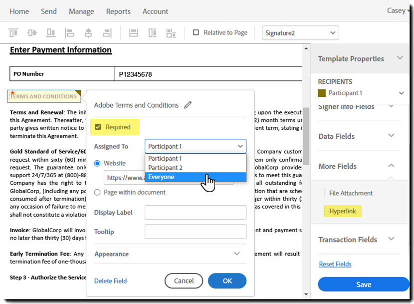 Hyperlink field properties