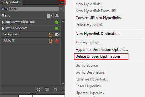 Hyperlink destination and delete unused destination options