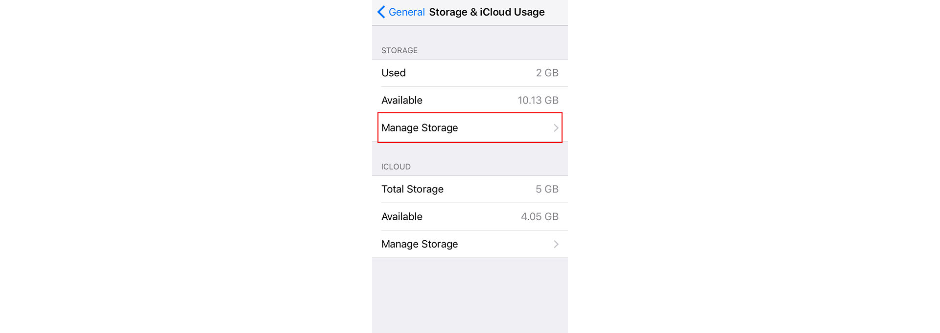 Storage settings in iOS devices