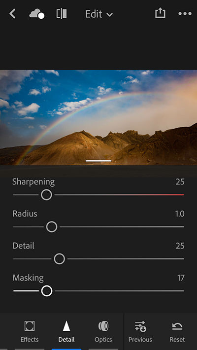 Noise reduction and sharpening controls 