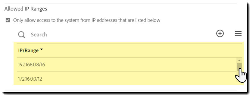 Allow IP Address controls highlighting the exposed two CIDR notations.