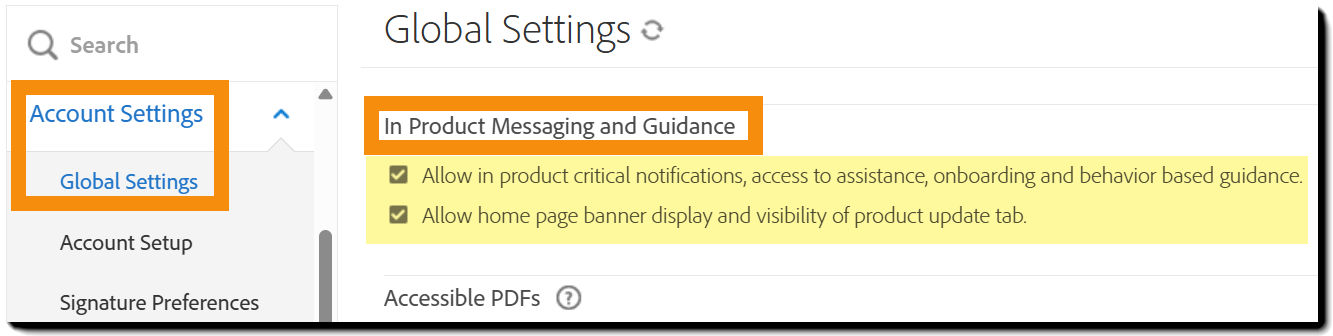 The Global Settings page with the In Product Messaging controls highlighted