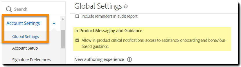The Global Settings page with the In Product Messaging controls highlighted