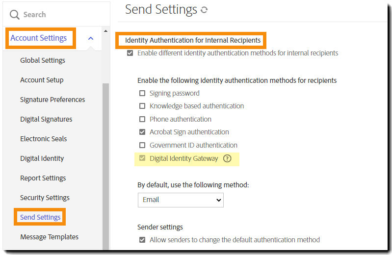 Digital Identity available for internal recipients