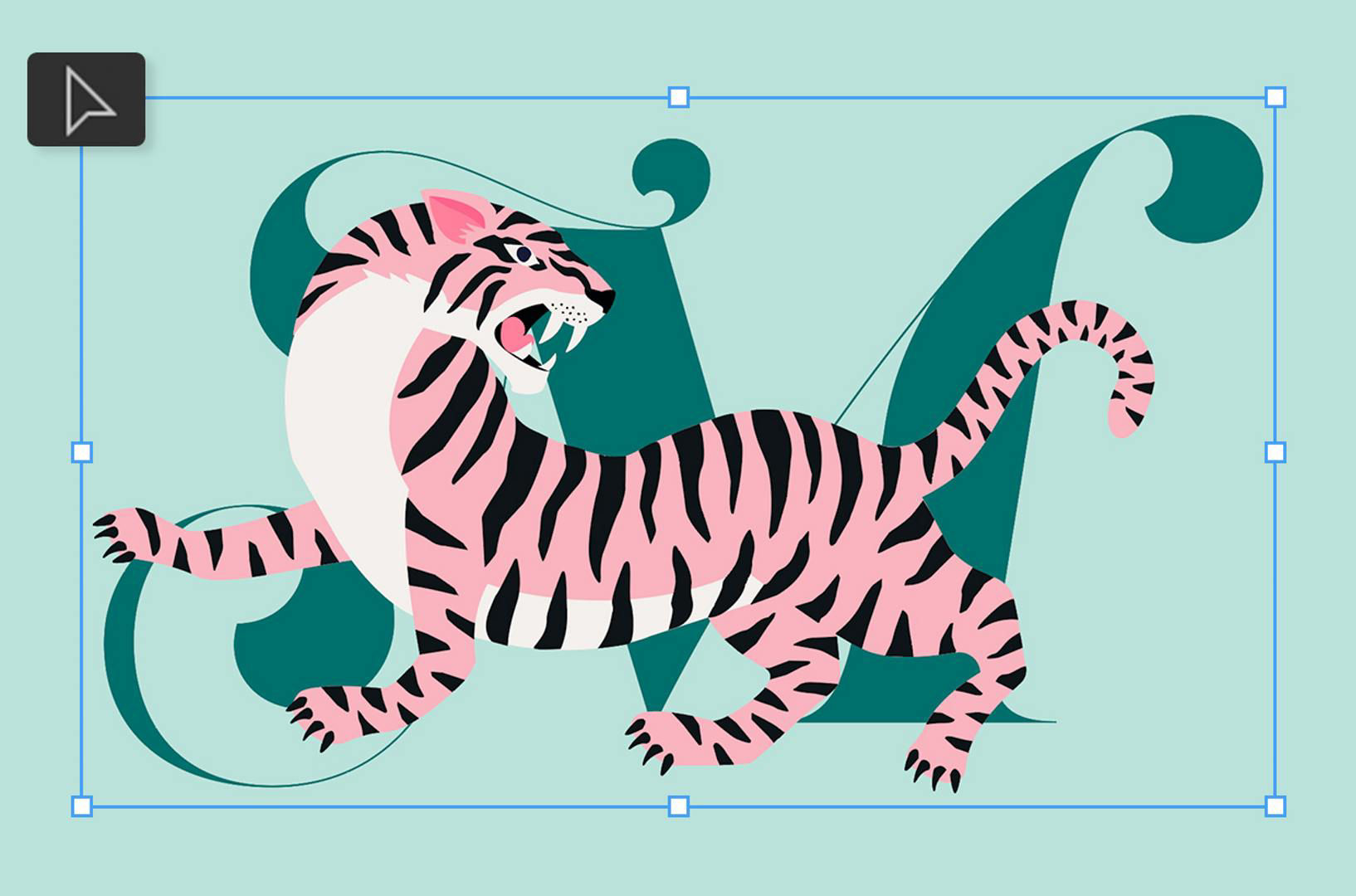 Illustration of tiger on top of a decorative capital M. Both items are selected with the Selection tool.