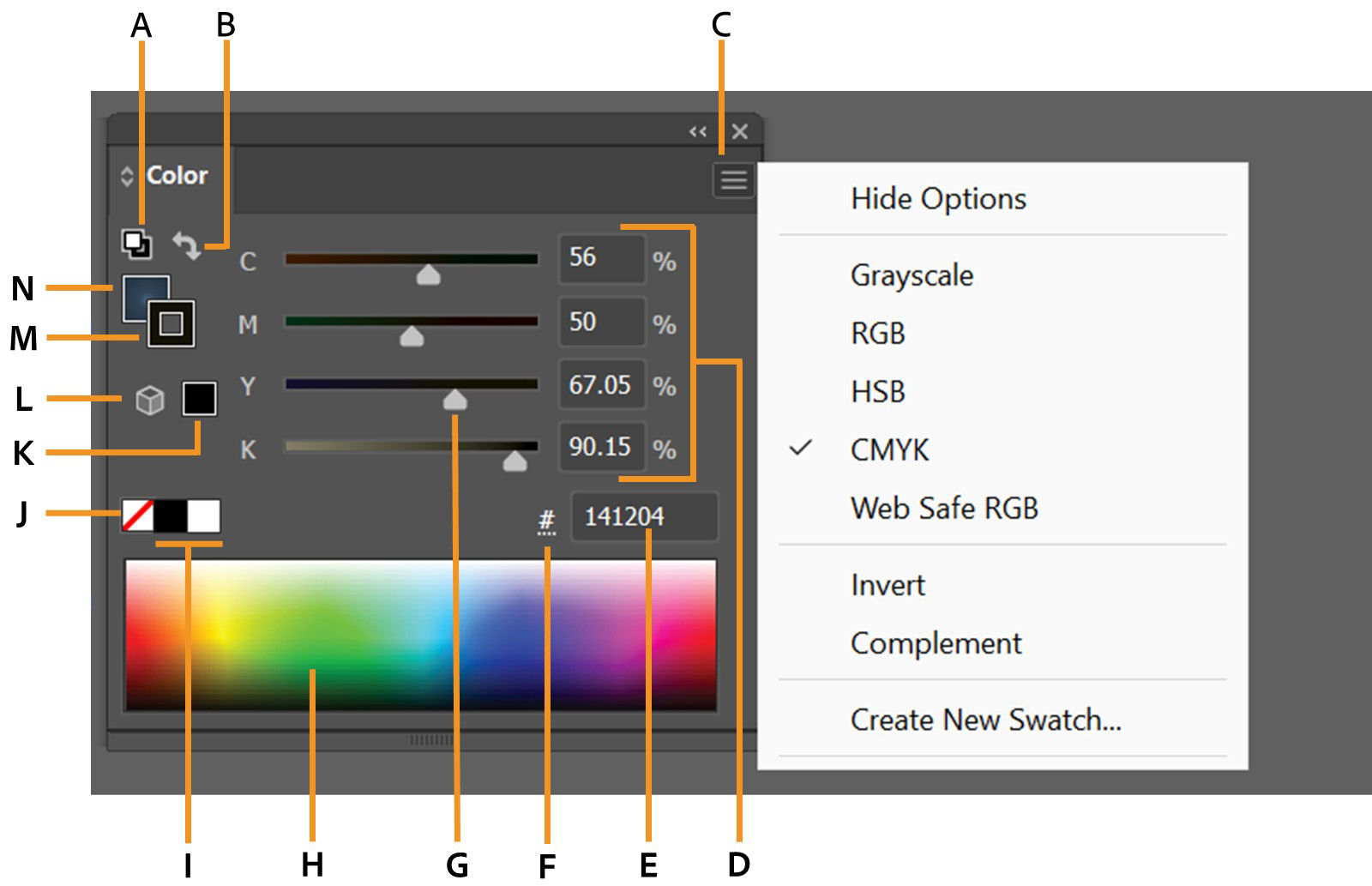 Illustrator Color panel showing fill/stroke options, color sliders, spectrum, web color alerts, and color value input and copy options.