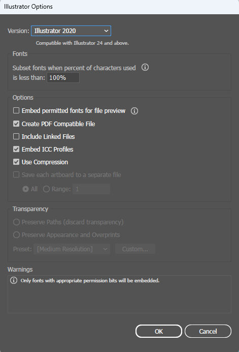 Illustrator Options dialog box with Version set to Illustrator 2020 and Create PDF Compatible File selected.