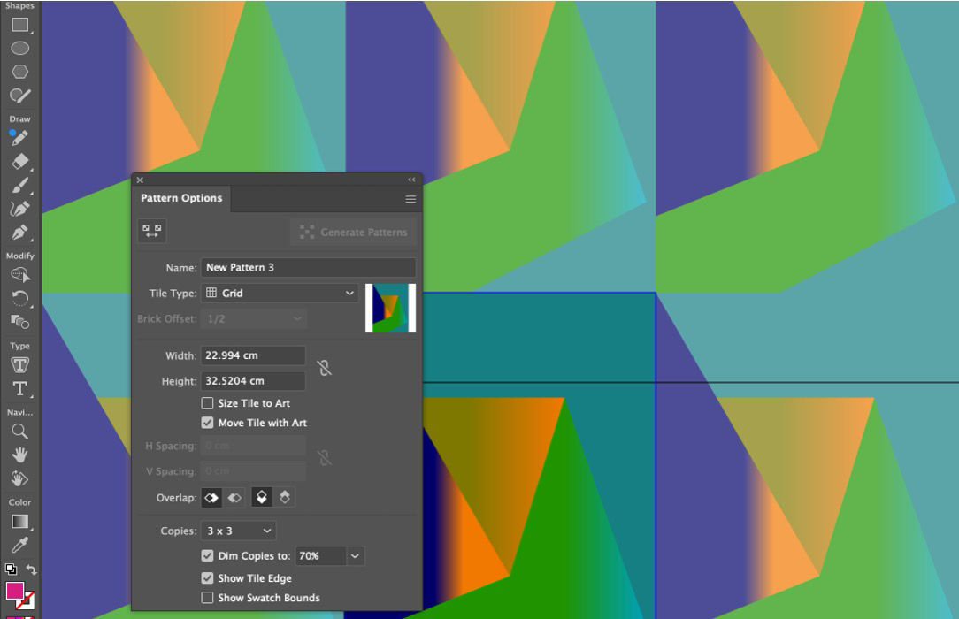 Illustrator Pattern Options panel showing a custom grid tile with overlapping colorful geometric shapes in edit mode.