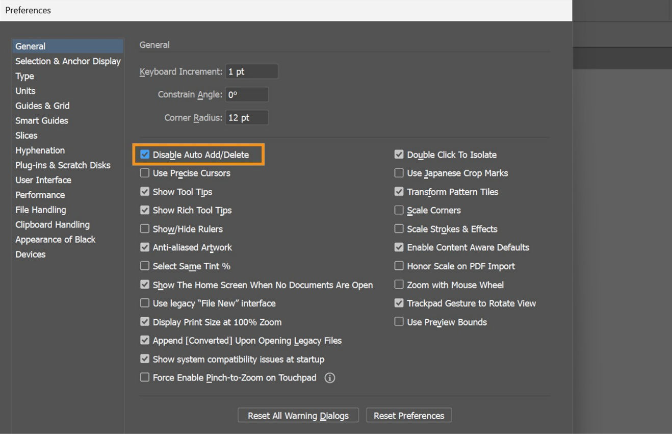 Illustrator Preferences dialog box showing the General tab with the "Disable Auto Add/Delete" option checked to control anchor point behavior.