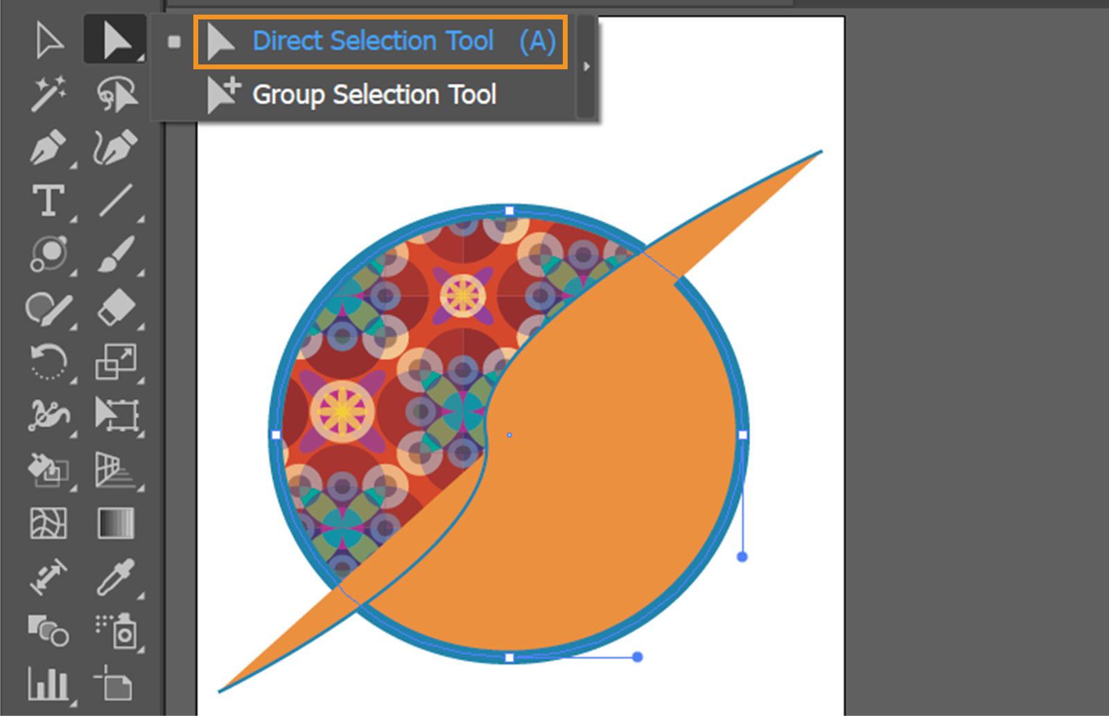 Illustrator artboard features a circular graphic composed of a colorful geometric pattern. The Direct Selection tool is selected in the tool panel among other tools, such as the Group Selection tool.”