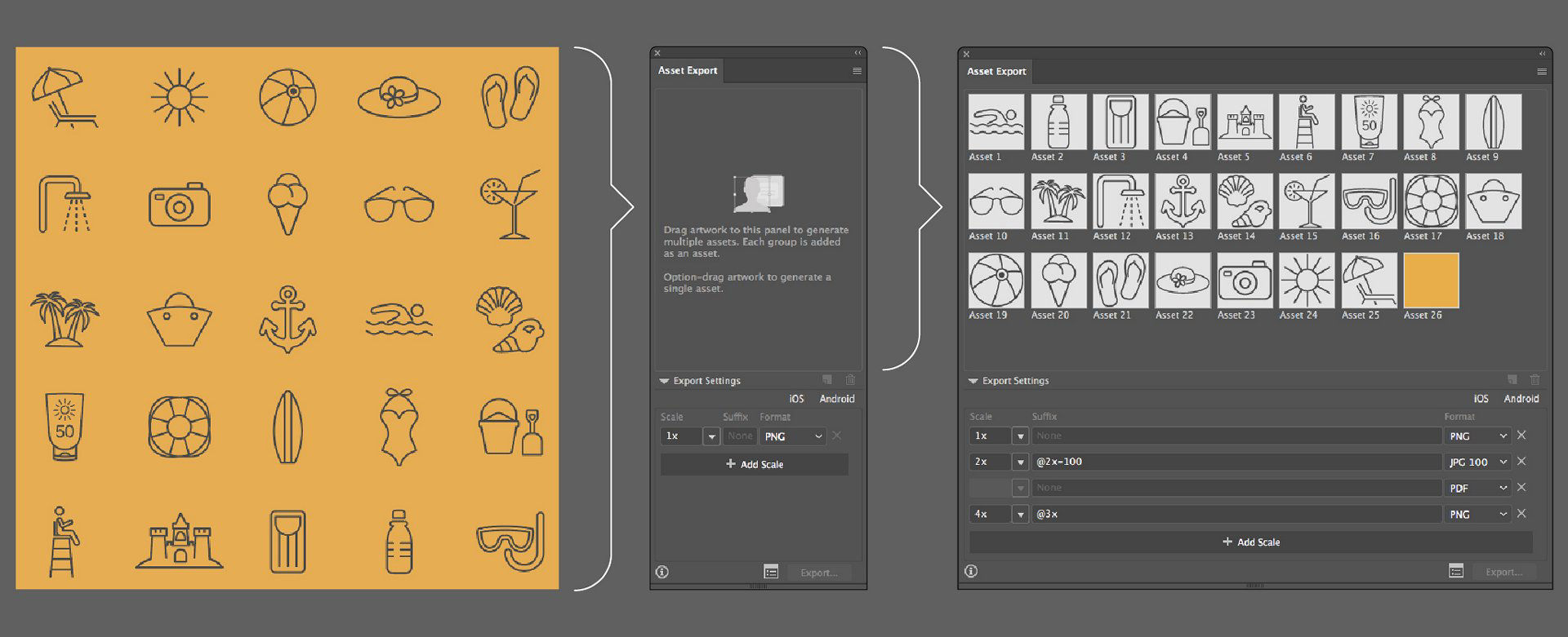 Illustrator artwork is shown beside the Asset Export panel, where objects appear as separate asset thumbnails.