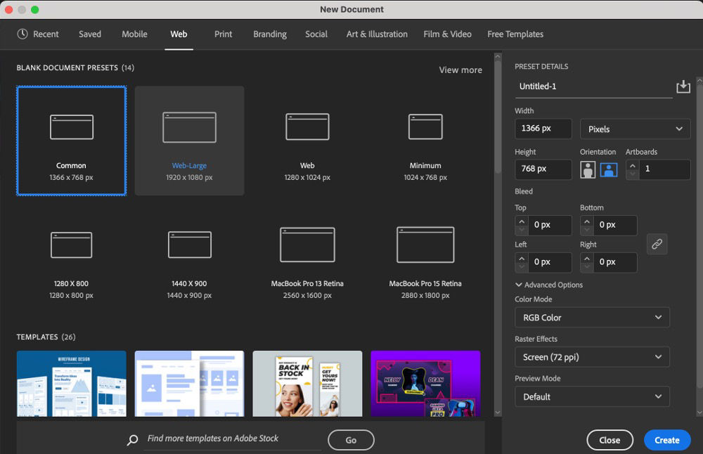 Illustrator’s New Document dialog box with the Web tab active, showing presets, templates, and the Preset Details pane.